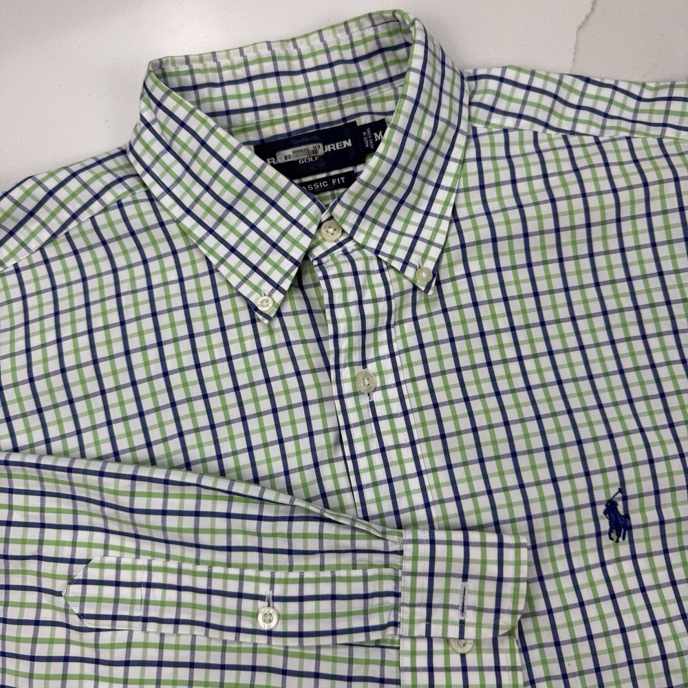 Ralph Lauren Golf Button Down Shirt Men M Blue Green Plaid Navy Embroidered Pony
